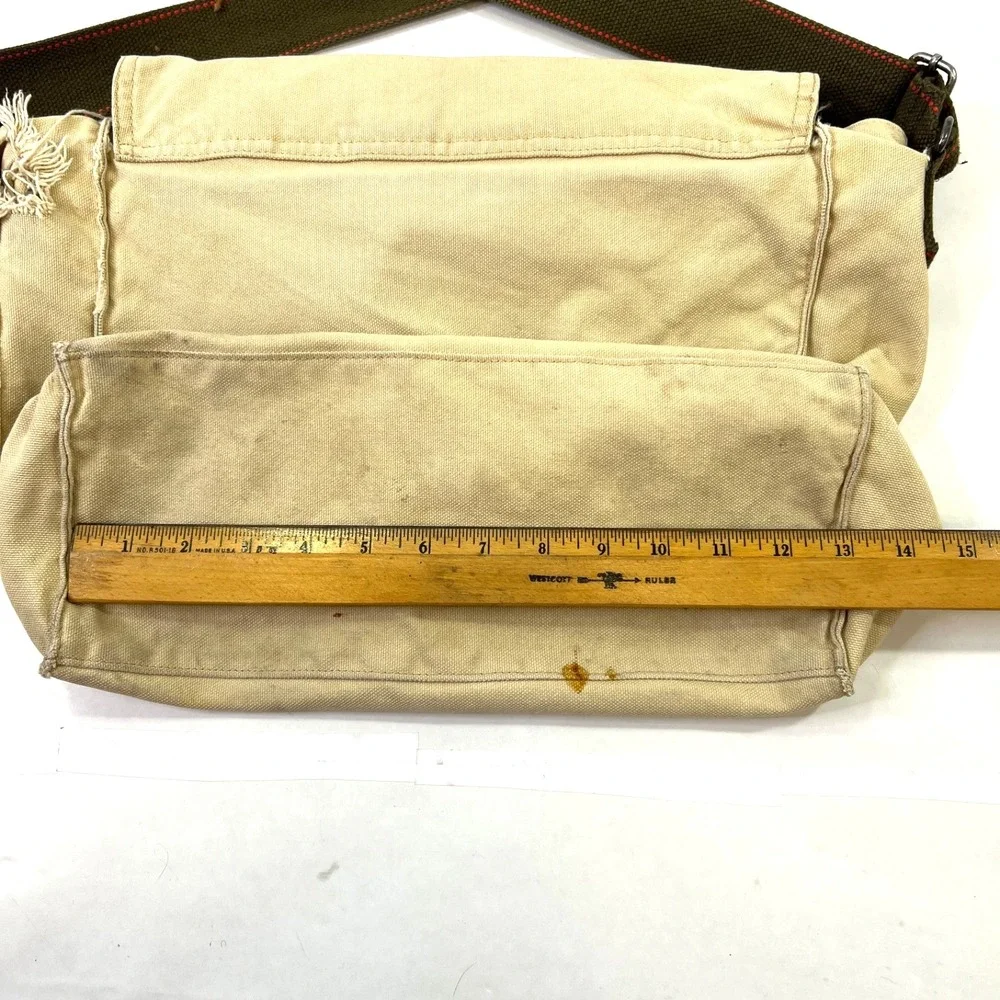 Old Navy Beige Canvas Messenger Bag Camo Lining Leather Tabs Distressed Adjustbl